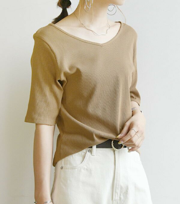 受注発注】Vネック5分袖コットンリブTシャツ 【メール便対応可】 | and