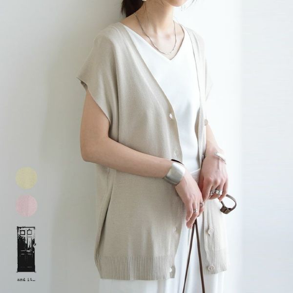 Open Yy ベージュ系ニットベスト Vネック ボタン付き Open Yy ベージュ系ニットベスト Vネック ボタン付き